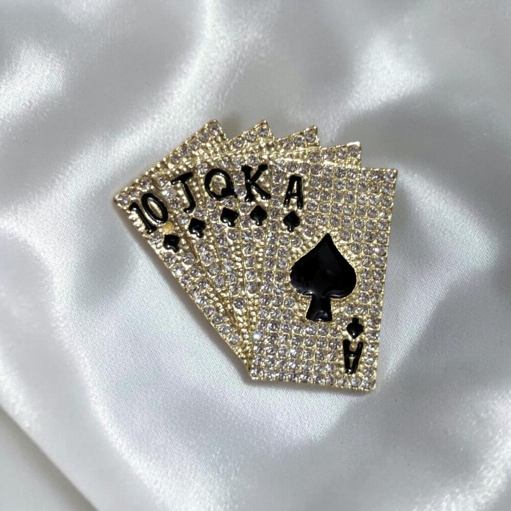Rhinestone Playing Cards Pendant, Gold Tone Poker Royal Flush Charm